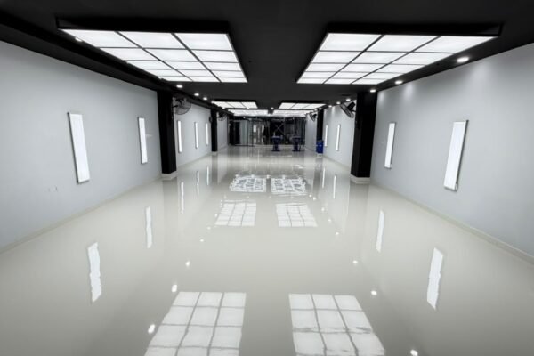 professional car detailing studio main work bay illuminated by Newon Lighting hexagonal and 2x2 ft surface-mounted LED panels