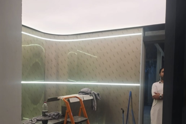 Completed warm white backlit Barrisol stretch fabric ceiling Newon