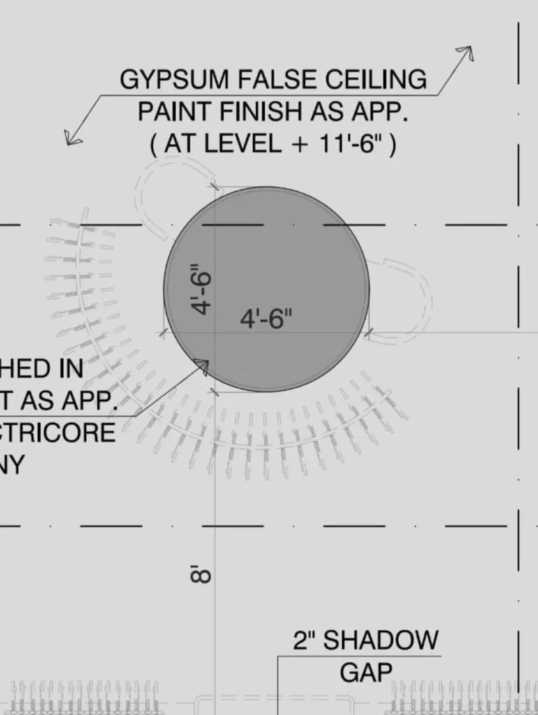 Designed gypsum ceiling pocket with circular recess prepared for the round stretch fabric ceiling at Manto, Giga Boutique Mall Islamabad