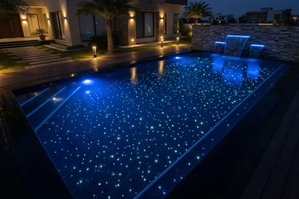 Fibre optic swimming pool star lighting installed by Newon Pakistan showing underwater starfield and RGB wash