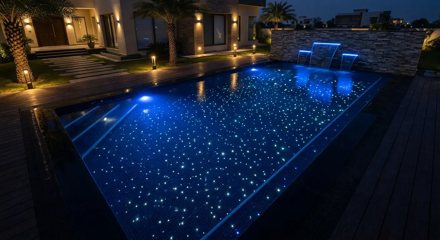 Fibre optic swimming pool star lighting installed by Newon Pakistan showing underwater starfield and RGB wash