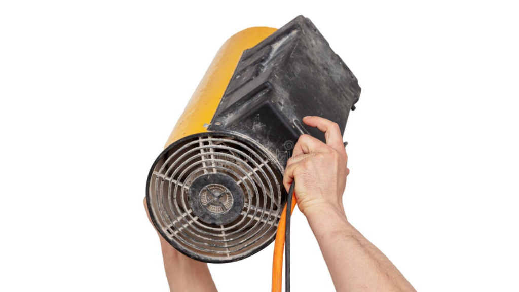 Industrial heat gun heating PVC stretch fabric to 60-70C for tensioning