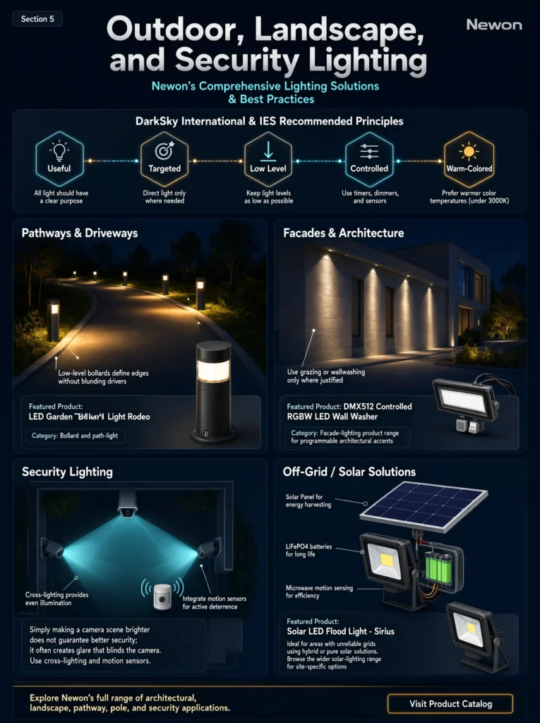 Outdoor lighting infographic DarkSky principles, bollard path lights, facade washing, security cross-lighting, solar flood light.