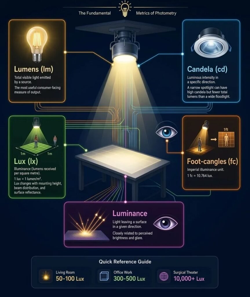 Photometry infographic lumens, lux, candela, foot-candles and luminance shown around a downlight over a work table