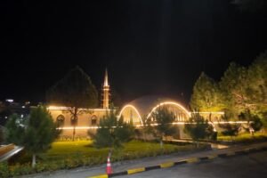 Shah Khalid Mosque Muzaffarabad warm white facade lighting dome minarets by Newon Pakistan