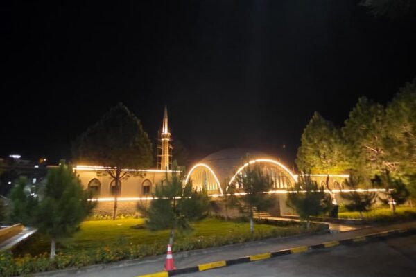 Shah Khalid Mosque Muzaffarabad warm white facade lighting dome minarets by Newon Pakistan
