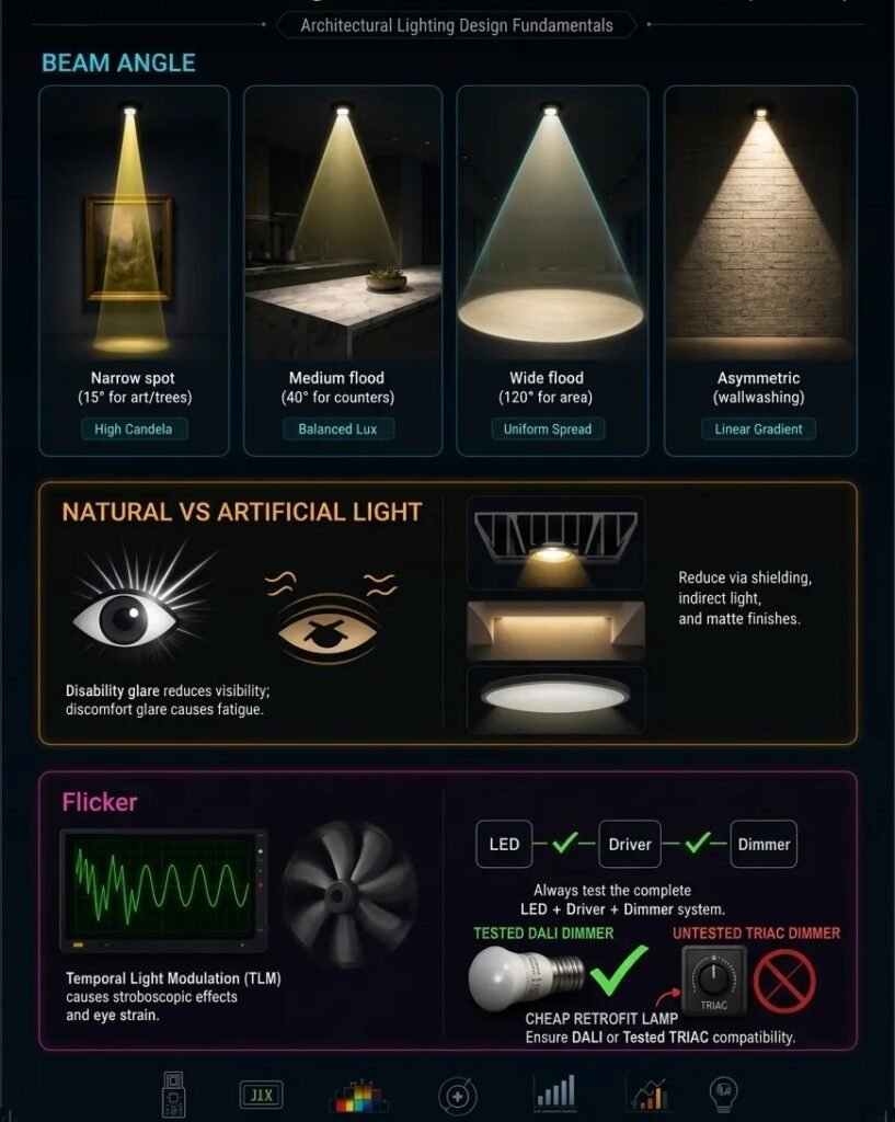 beam angles (15°40°120°asymmetric), glare types, and flicker (TLM) compatibility checks