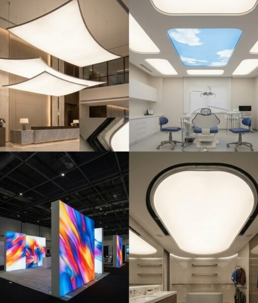 From dropped lightboxes to oval and round luminous panels, Newon engineers custom stretch fabric ceiling solutions in every shape for every space. Seamless, shadow-free, and built to specification.