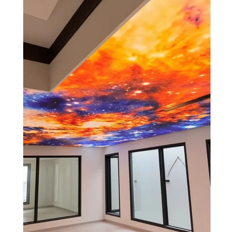 Galaxy printed backlit stretch fabric ceiling glowing above an indoor swimming pool in Defence, Karachi