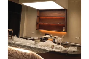 modern stretch ceiling lightbox with curved edges and backlit translucent membrane by Newon Pakistan